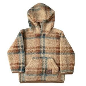 FRYE Boys 5 Plaid Tan Hooded Sweater Sweatshirt Jacket Sherpa Fleece Teddy Bear